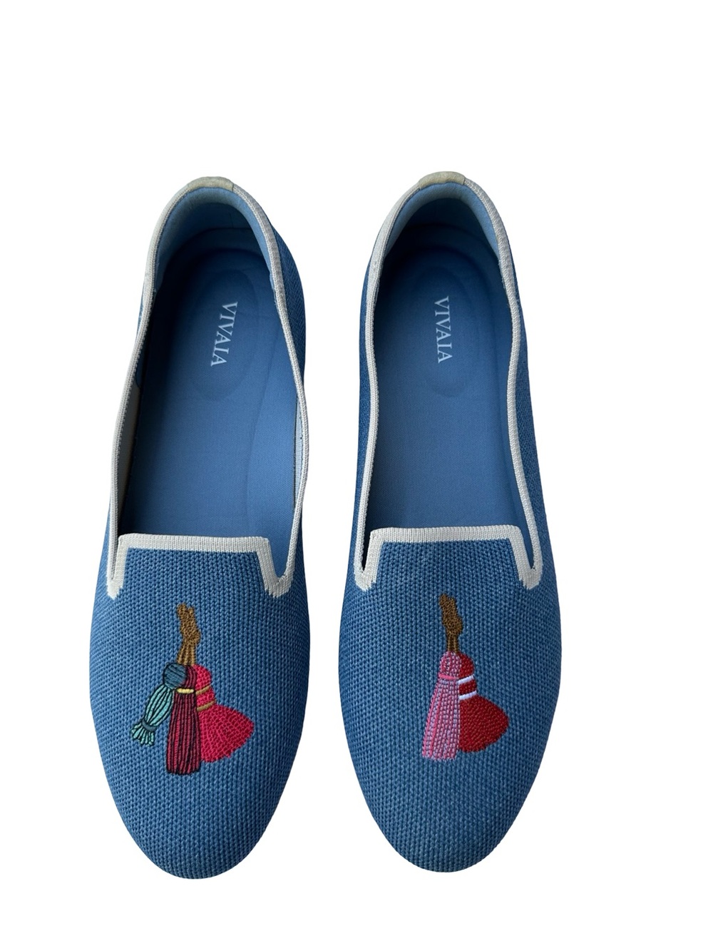 Women’s blue slip on knit flats, embroidered tassel’s, Vivaia, sz EU 40.5